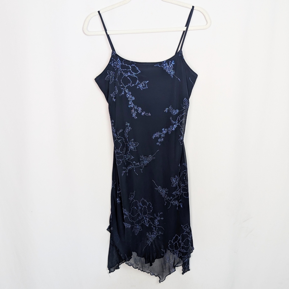 Candy Rocket L Fairycore Floral Glitter Mini Slip Dress Asymmetrical Layeres Hem